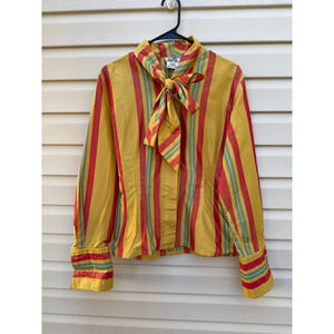 Vintage Hermès Paris 100% Silk Tie Neck Blouse Striped Gold Red Blue Size 40